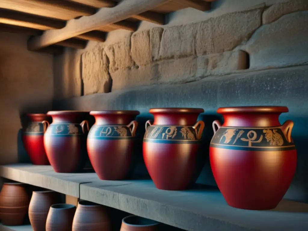 Antiguas ánforas griegas llenas de vino rojo en una bodega subterránea iluminada, con diseño de uvas y símbolos dionisíacos