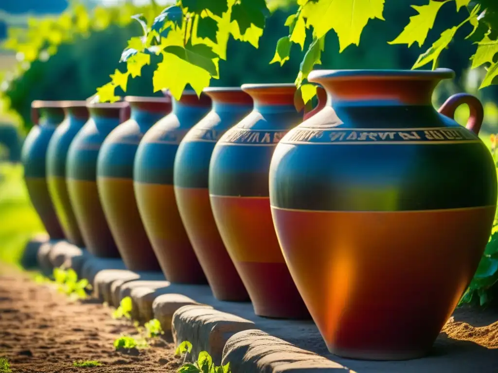 Antiguas ánforas romanas llenas de vino tinto en viñedo soleado, reflejo del comercio del vino y estatus social en Roma