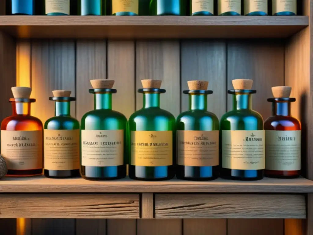 Botellas de boticario antiguas: historia y misterio en vidrio detallado Antiguas botellas de licores medicinales en estantes de madera, detalladas y llenas de historia