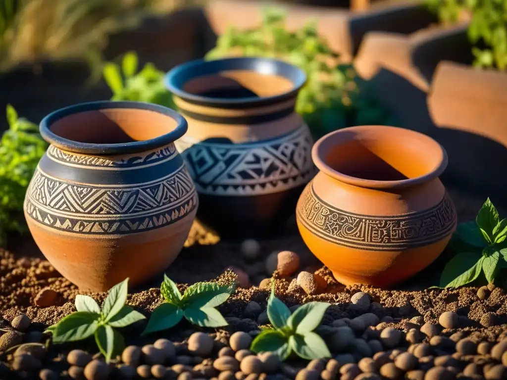 Antiguas macetas de terracota enterradas en suelo fértil, con símbolos y patrones, iluminadas por la mañana