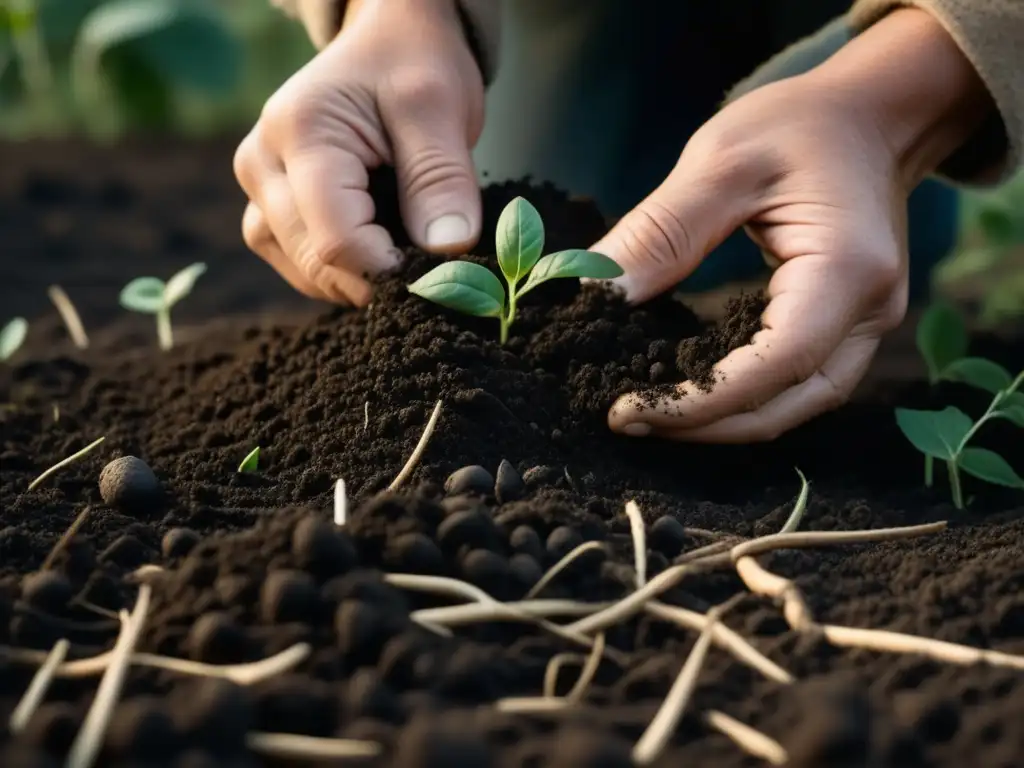 Antiguas manos nórdicas plantando semillas en tierra oscura