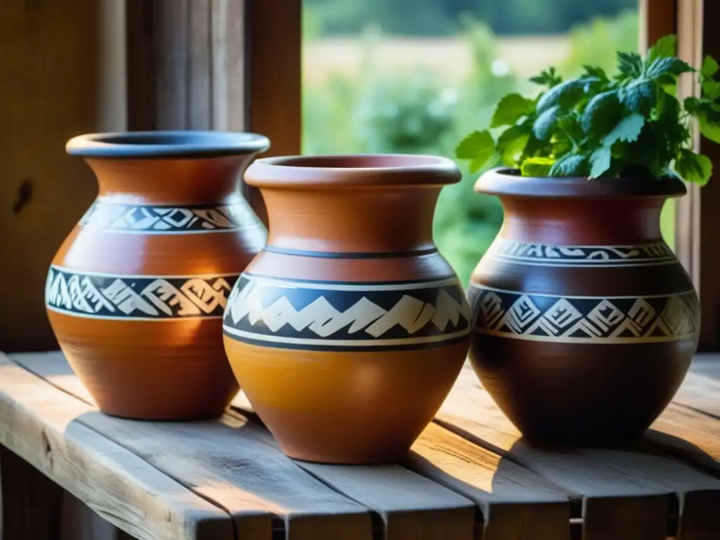 Antiguas ollas de arcilla con fermentación burbujeante, decoradas con patrones culturales en mesa rústica