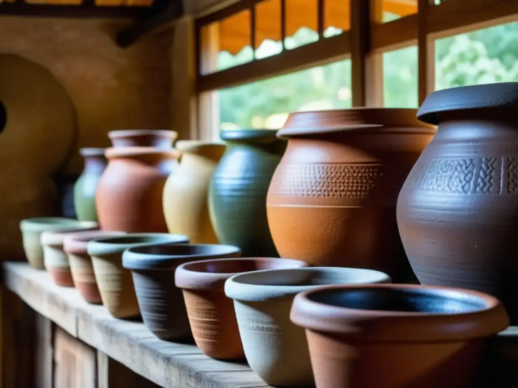 Antiguas ollas de barro con alimentos fermentados, en una cocina rústica iluminada por la luz tenue