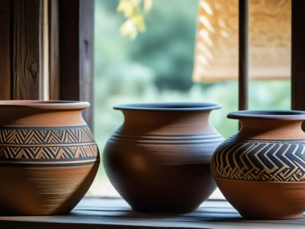 Antiguas ollas de barro para fermentación, con patrones y texturas únicas, en una mesa de madera envejecida con luz natural