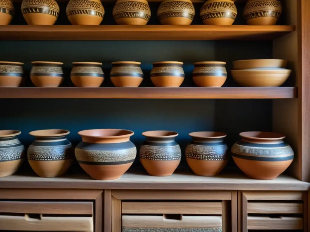 Antiguas ollas de barro con granos y semillas en estantes de madera en una bodega rústica iluminada por luz natural