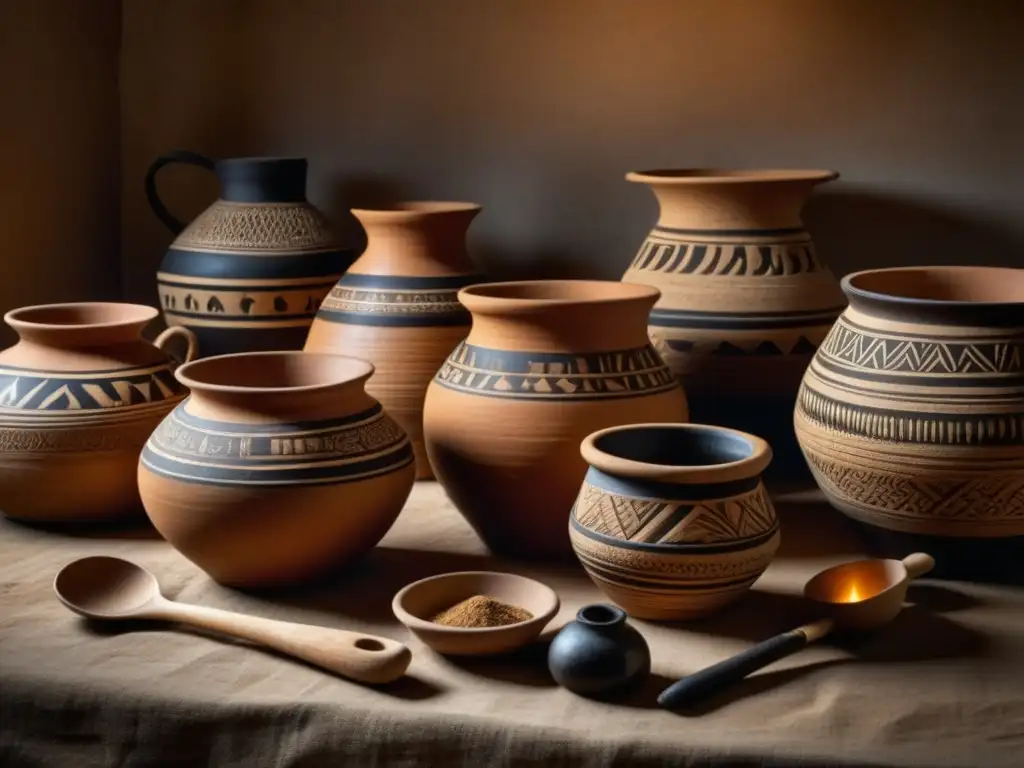 Antiguas ollas de barro y utensilios de cocina tradicionales iluminados por luz natural resaltando prácticas agrícolas históricas en la cocina