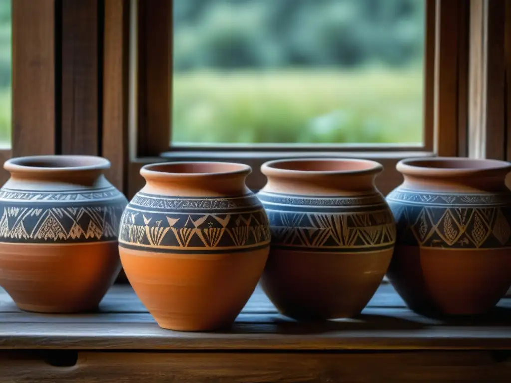 Antiguas ollas de fermentación en la cocina, con detalles y diseños únicos, iluminadas por luz natural