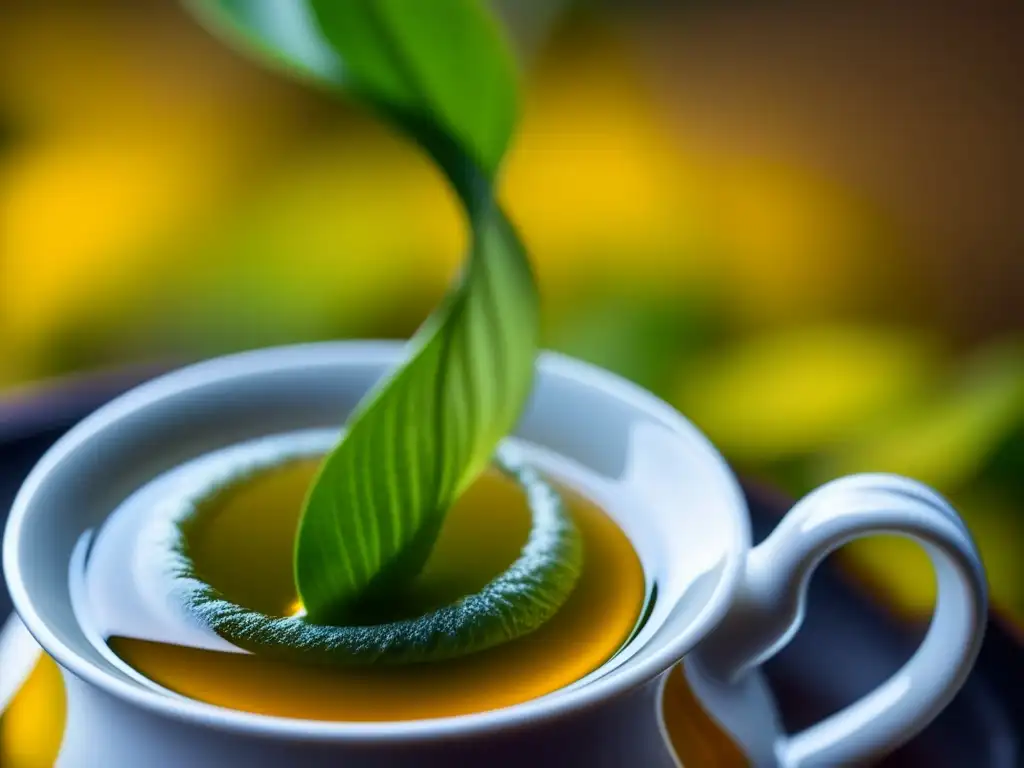 Té en antiguas prácticas medicinales: Hoja de té desplegándose en agua caliente, rodeada de aromas y sabiduría ancestral