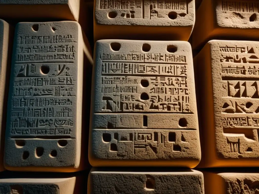Antiguas tablillas de arcilla con inscripciones cuneiformes en un almacén arqueológico con luz tenue
