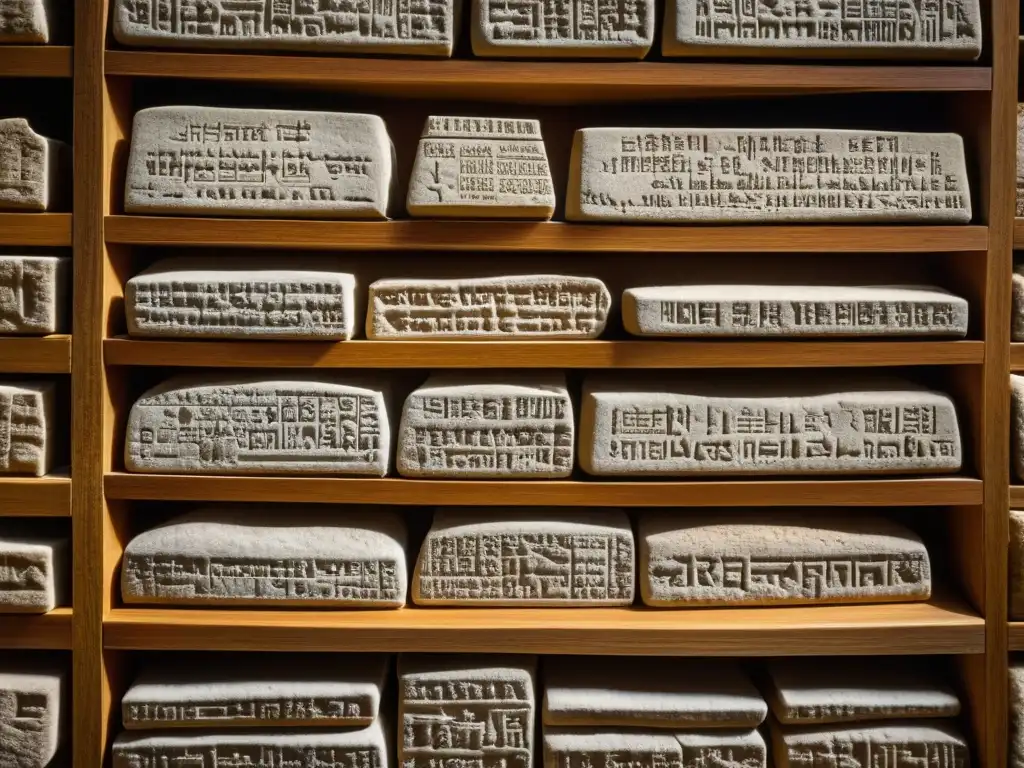 Antiguas tablillas de arcilla con inventarios de almacenamiento de granos en silos, destacando la meticulosidad de la civilización antigua