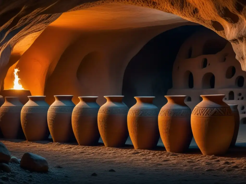 Antiguas tinajas de fermentación en cueva misteriosa iluminada por antorchas, con símbolos y patrones intrincados