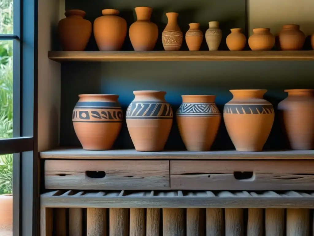 Antiguas tinajas de fermentación en estantes de madera rústica, mostrando pautas y texturas únicas