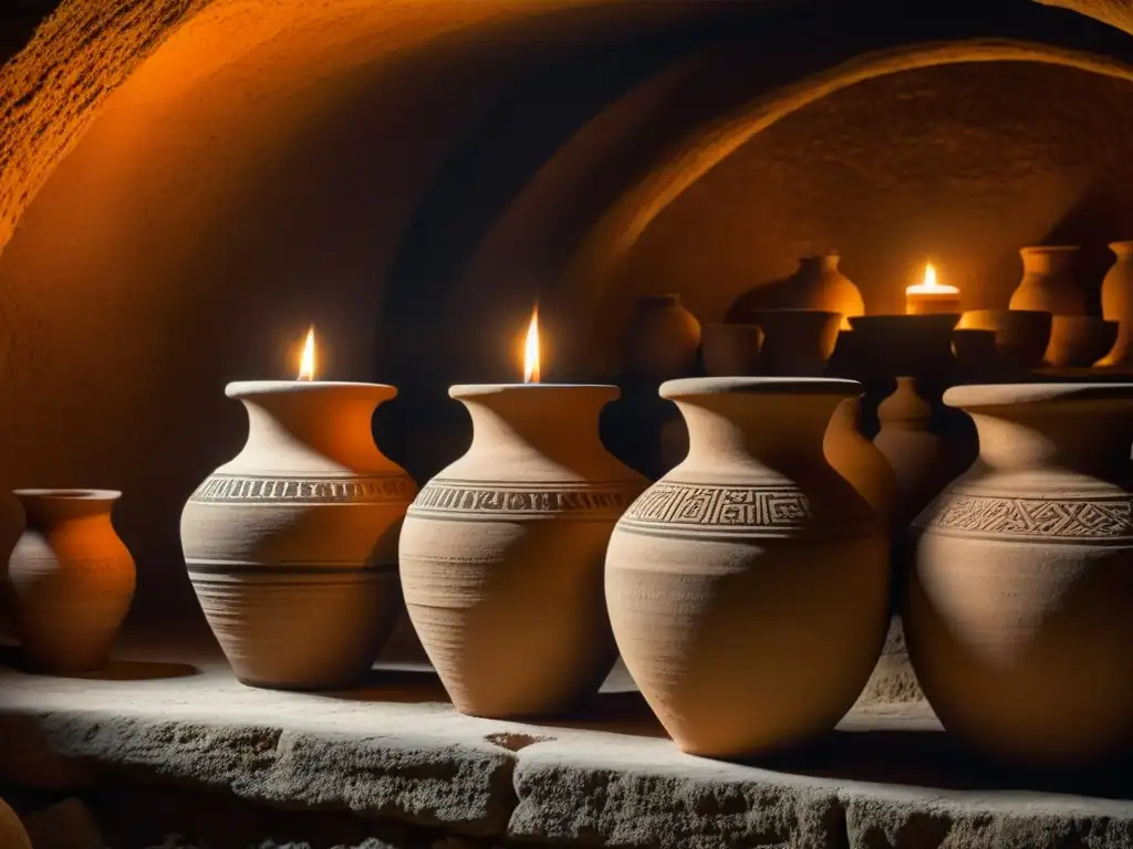 Antiguas vasijas de barro en bodega subterránea iluminadas por una vela