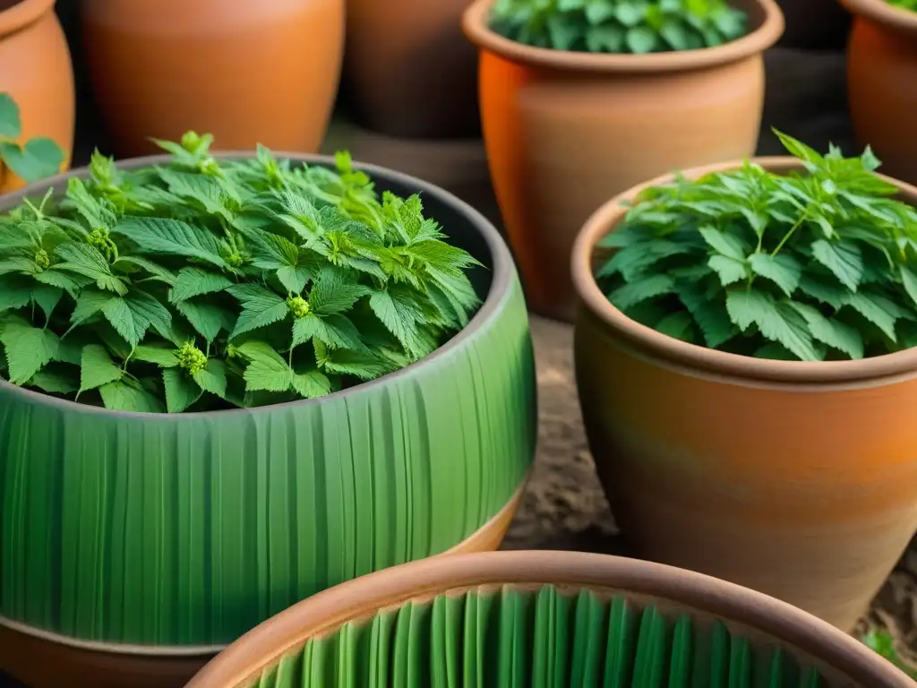 Antiguas vasijas de fermentación milenaria rodeadas de plantas de lúpulo, evocando la conexión entre naturaleza, cultura y métodos cerveceros