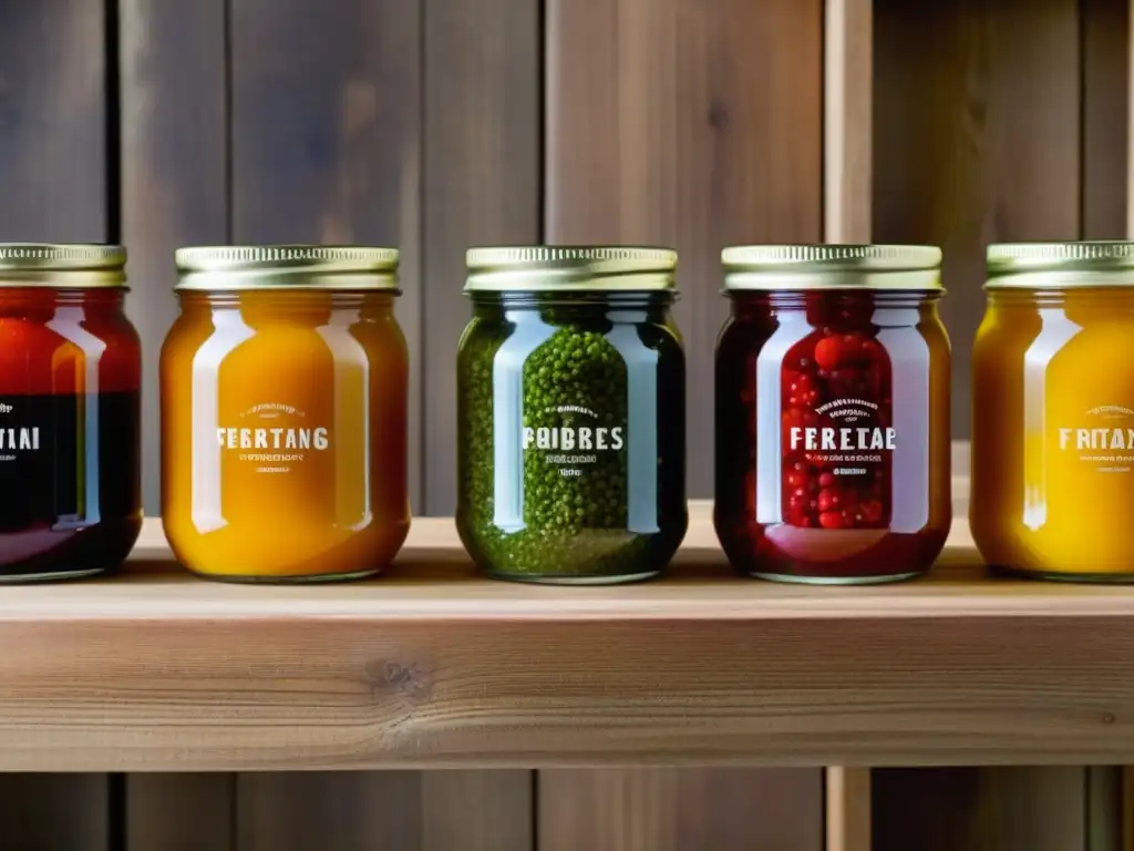 La fermentación en la antigüedad: Jars bubbling with colorful vegetables and fruits on rustic shelf