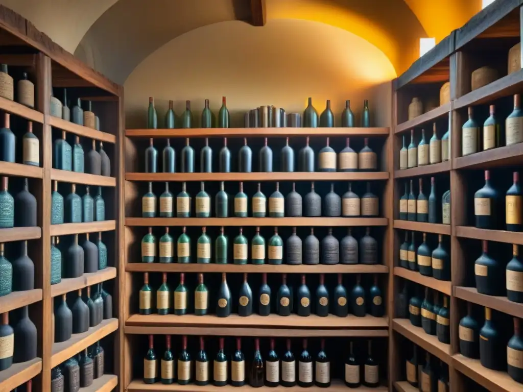 Un antiguo almacén de vinos con botellas polvorientas y telarañas, iluminado por rayos de sol