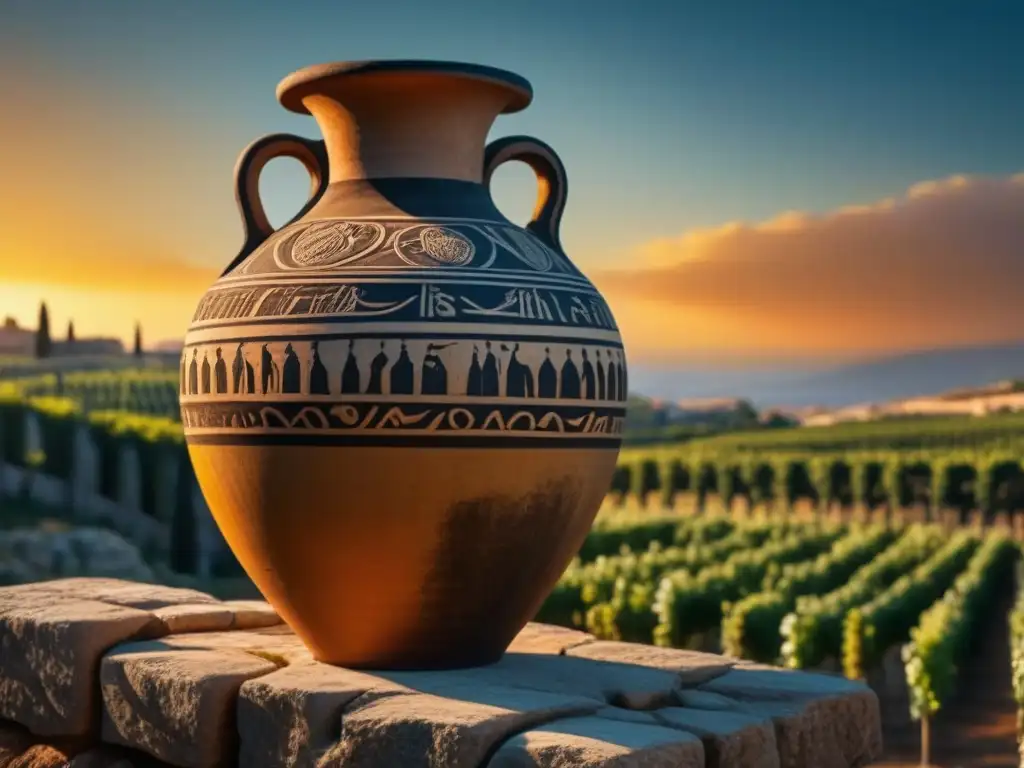 Un antiguo ánfora griego con patrones detallados y manchas de vino, rodeado de viñedos al atardecer