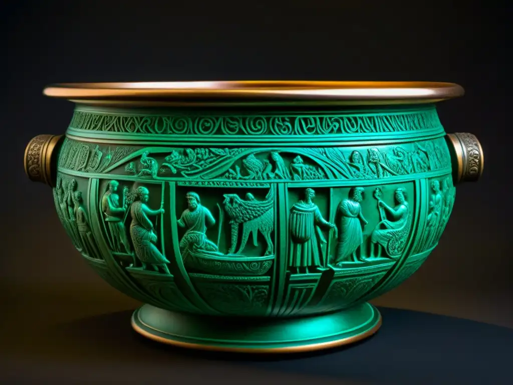 Antiguo caldero romano de bronce con detallados grabados de figuras mitológicas y escenas de la vida diaria, destacando la pátina del tiempo