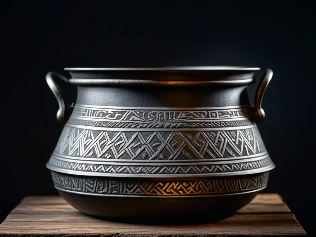 Olla de hierro vikinga con grabados nórdicos detallados Antiguo cazo de hierro vikingo con grabados nórdicos, resistente y lleno de historia