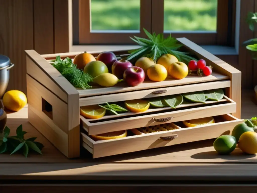 Un antiguo deshidratador de alimentos de madera con frutas y hierbas, bañado por la luz matutina