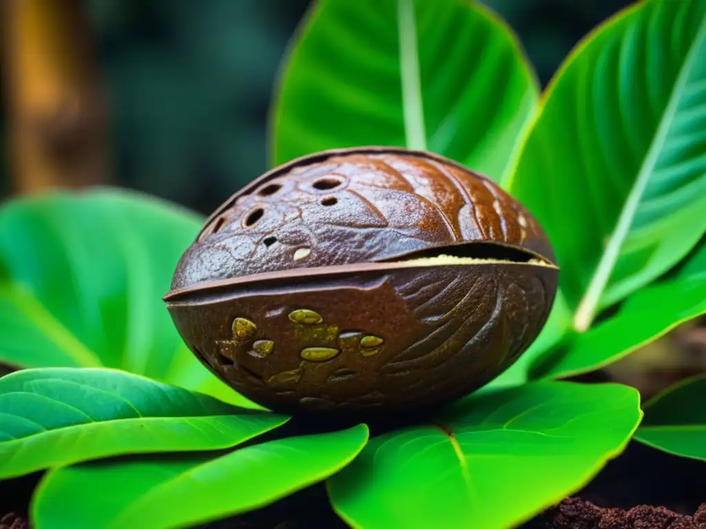 Un antiguo y detallado cacao maya sobre hojas verdes de café, con granos brillantes