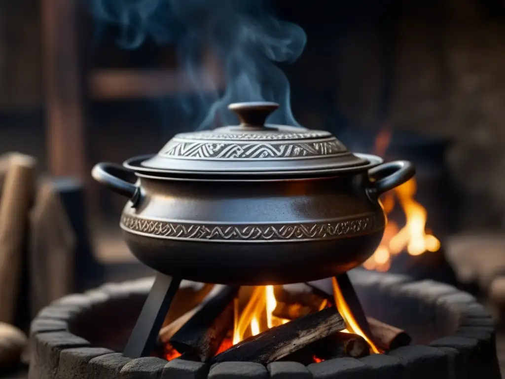 Antiguo caldero de hierro revela historia y tradición culinaria Un antiguo y detallado recipiente de hierro sobre fuego, revelando desgaste y patrones, evocando recetas históricas culturas épocas detalles