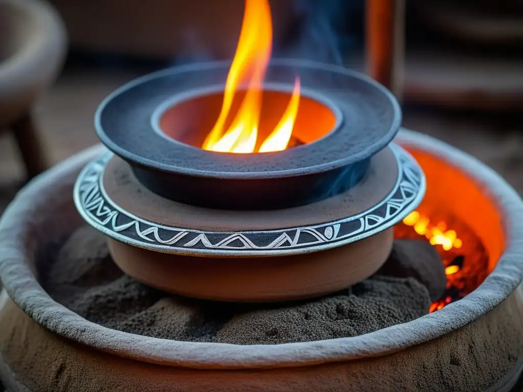 Fogón prehispánico: tradición culinaria en arcilla Antiguo fogón prehispánico en detalle, técnica cocción milenaria iluminada por las llamas