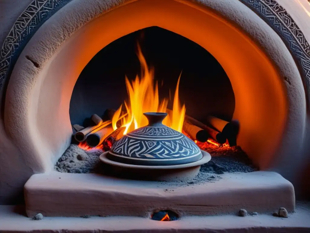 Antiguo horno de barro Abbasid con brasas ardientes, resaltando sus intrincados patrones geométricos y texturas envejecidas