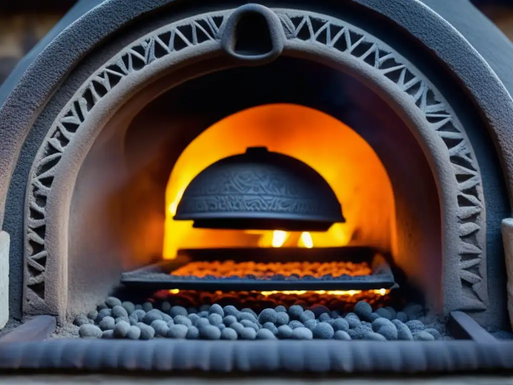 Un antiguo horno de barro iluminado por brasas incandescentes, revelando la magia de las técnicas culinarias antiguas modernas