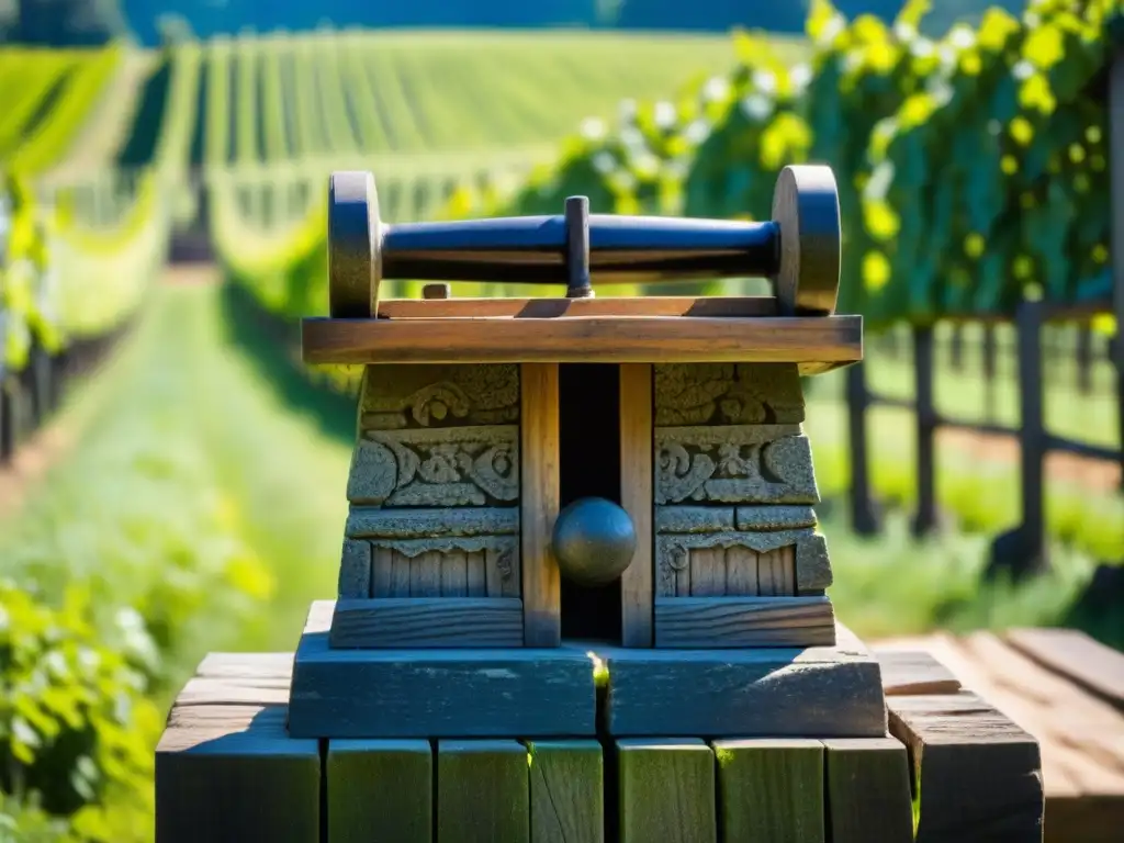 Un antiguo lagar de vino de piedra y madera rodeado de viñedos verdes bajo cielo azul