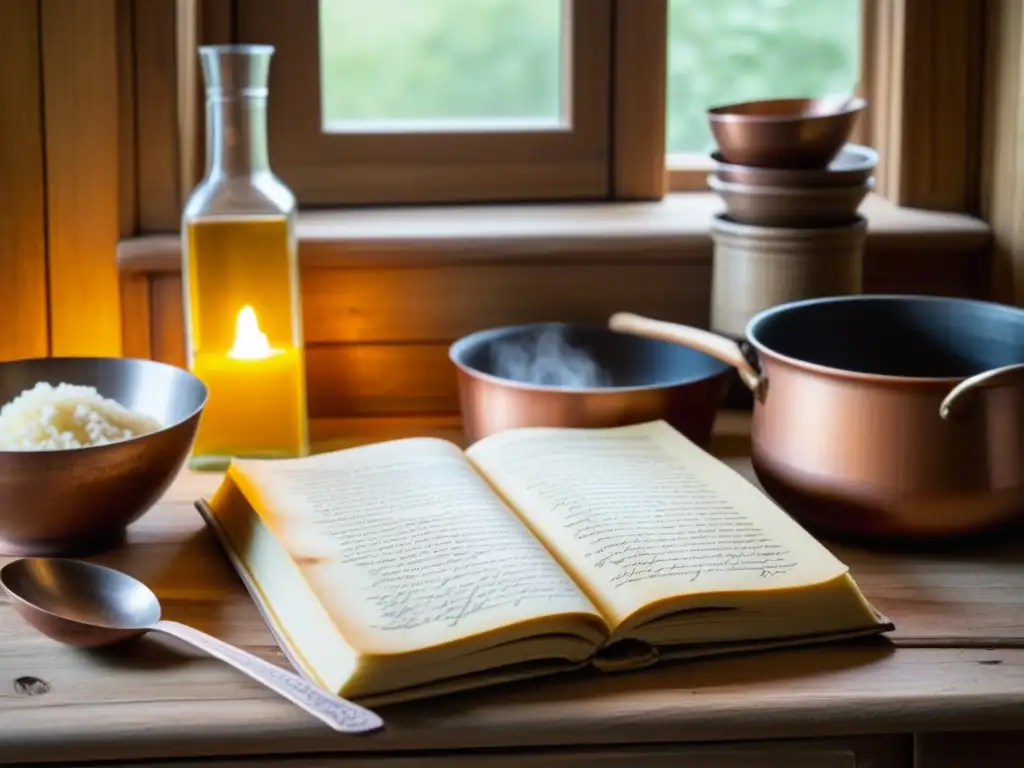 Un antiguo libro de cocina con recetas manuscritas en caligrafía, utensilios de cocina vintage y luz natural