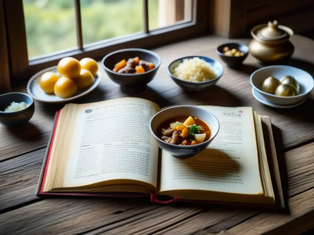 Un antiguo libro de recetas con ilustraciones de banquetes históricos y platos tradicionales, iluminado por luz natural