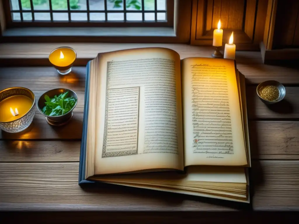 Un antiguo libro de recetas medievales detallado en un castillo de Francia, iluminado por una suave luz