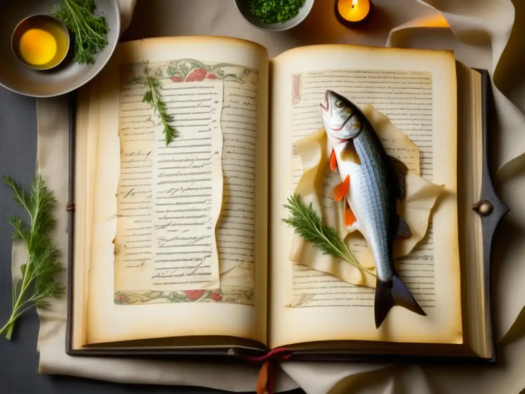 Un antiguo libro de recetas medievales de pescado para Cuaresma, con ilustraciones detalladas y texto envejecido