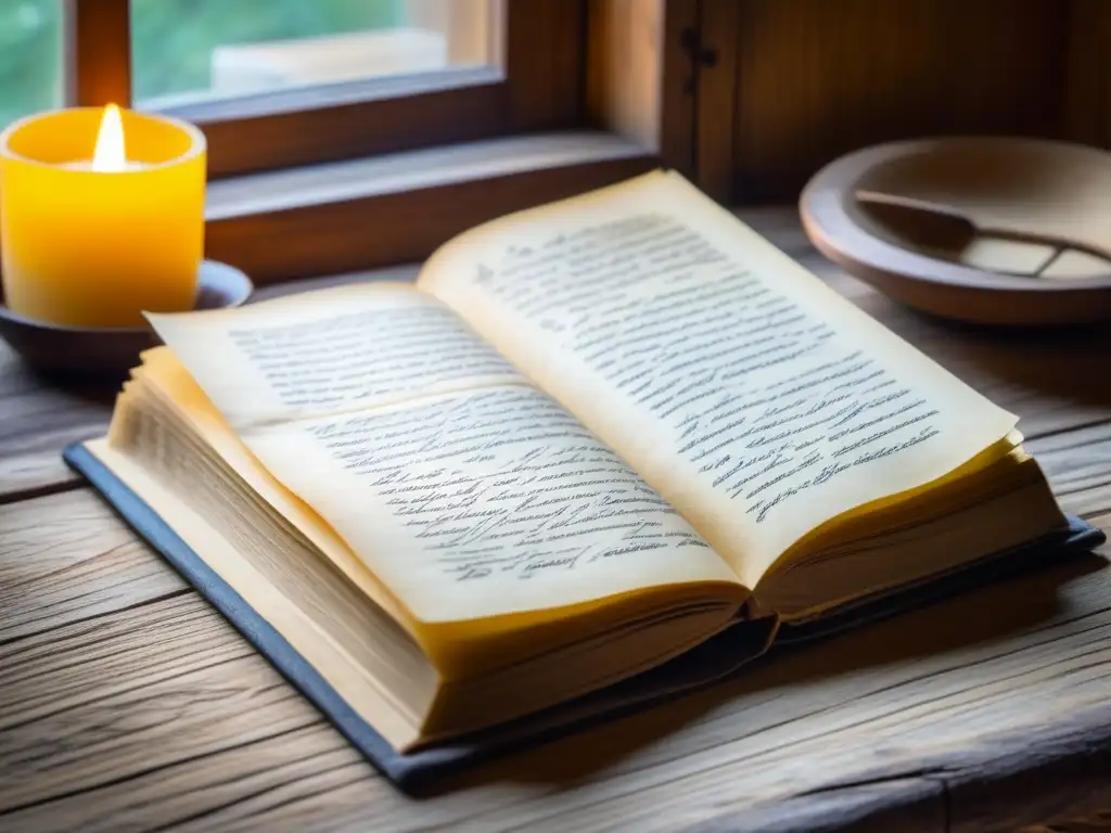 Antiguo libro de recetas en mesa de madera, con instrucciones manuscritas en pergamino amarillento