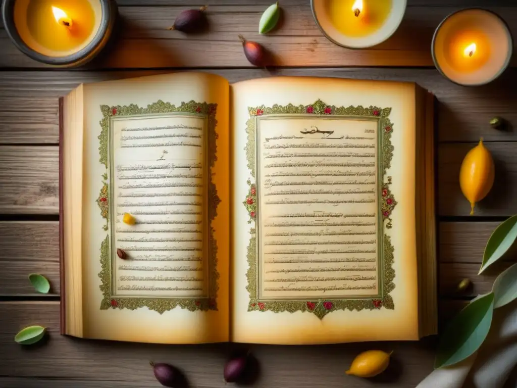 Antiguo libro de recetas otomanas con detalles exquisitos y delicadas ilustraciones de ingredientes exóticos