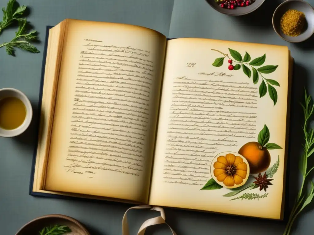 Un antiguo libro de recetas con una receta centenaria escrita en caligrafía, rodeada de ilustraciones detalladas de ingredientes