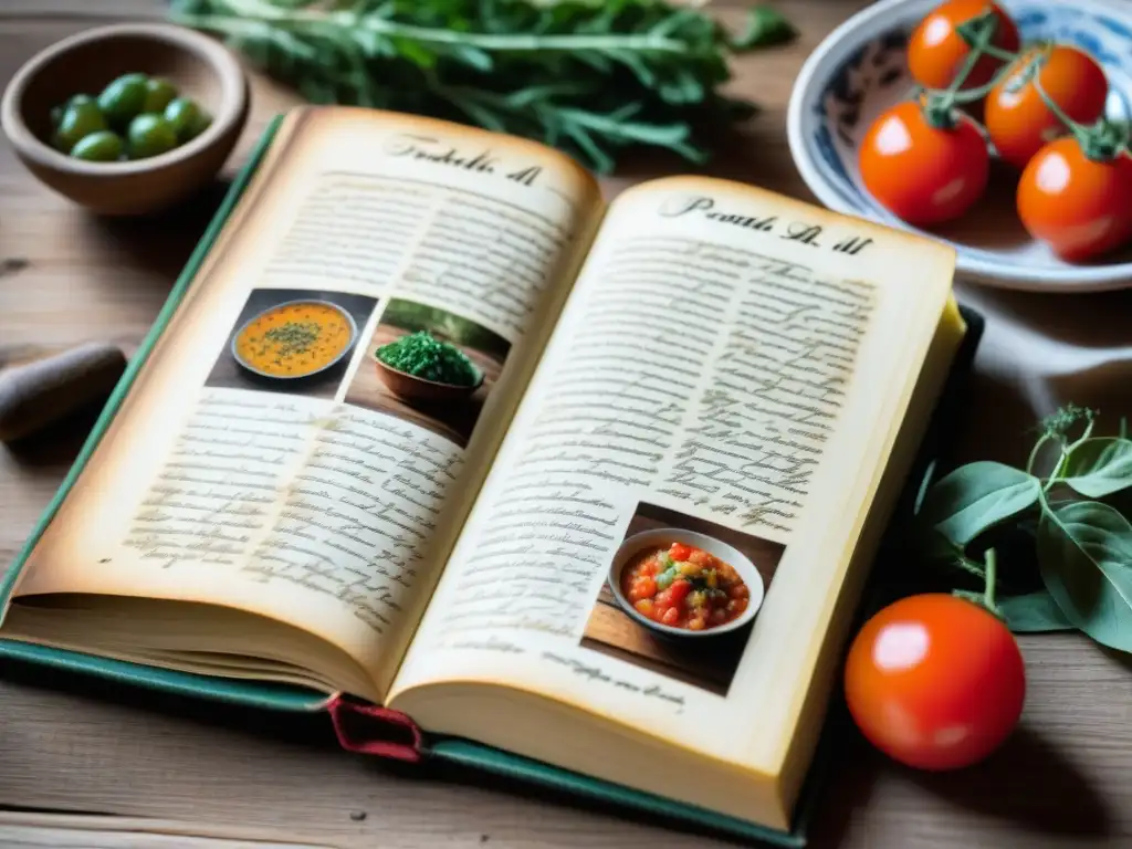 Un antiguo libro de recetas toscanas medievales, con ilustraciones detalladas y texto manuscrito envejecido, evocando historia y tradición culinaria