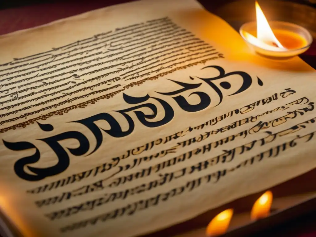 Un antiguo manuscrito con caligrafía sánscrita detallada iluminado por luz de vela en un templo, revelando recetas sagradas templos sur Asia