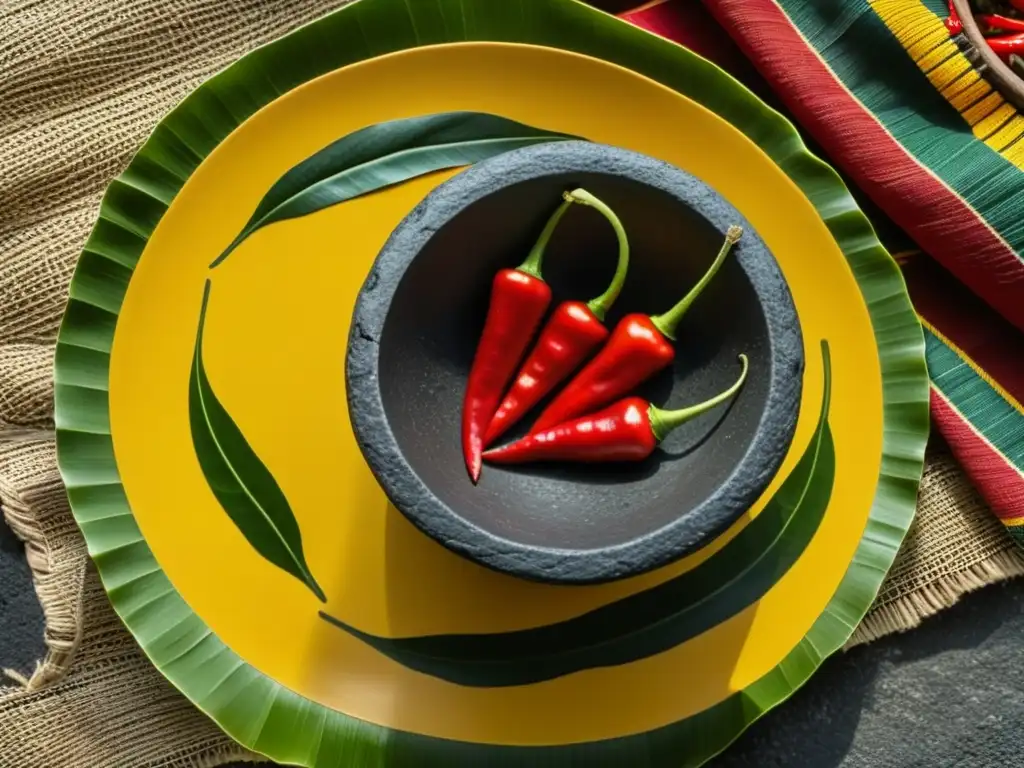 Antiguo molcajete mexicano con chiles, maíz y cilantro sobre tejido de palma, evocando la esencia de la gastronomía mexicana revolucionaria