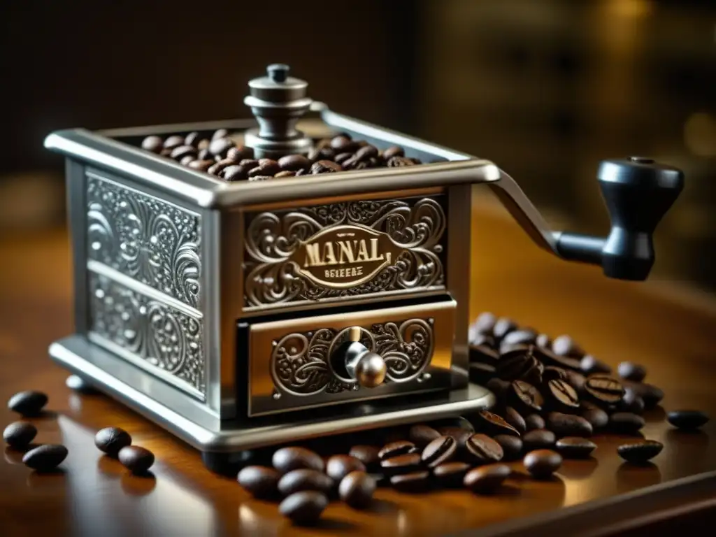 Antiguo molinillo de café manual con detallados grabados en metal y granos de café cayendo, evocando la historia y evolución tecnológica de los molinillos de café
