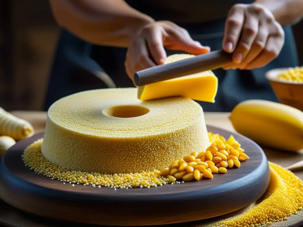 Antiguo molino de madera muele maíz amarillo en polenta, resaltando la importancia histórica de la polenta