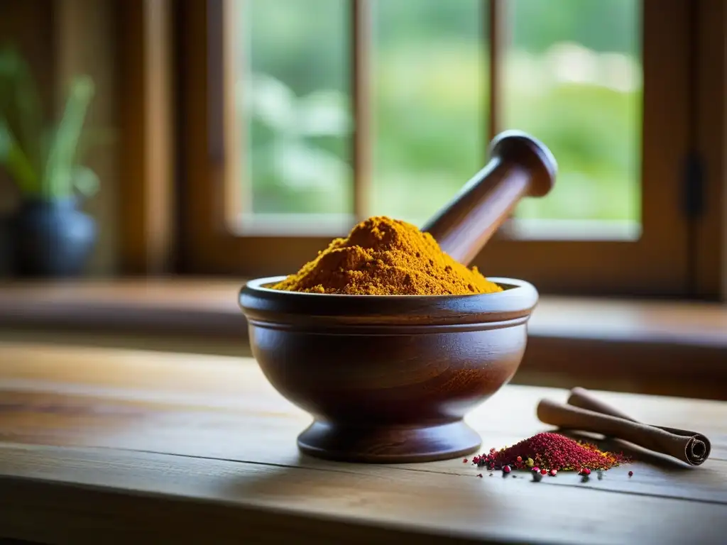 Antiguo mortero y mano de madera con especias coloridas, resaltando la importancia cultural de las especias en la cocina de las Cruzadas