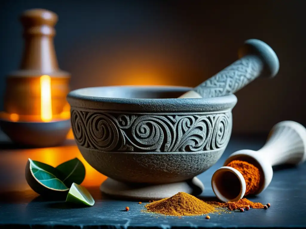 Antiguo mortero romano: historia en la cocina Antiguo mortero y mano de mortero romanos detalladamente tallados, llenos de especias, evocando historia y tradición