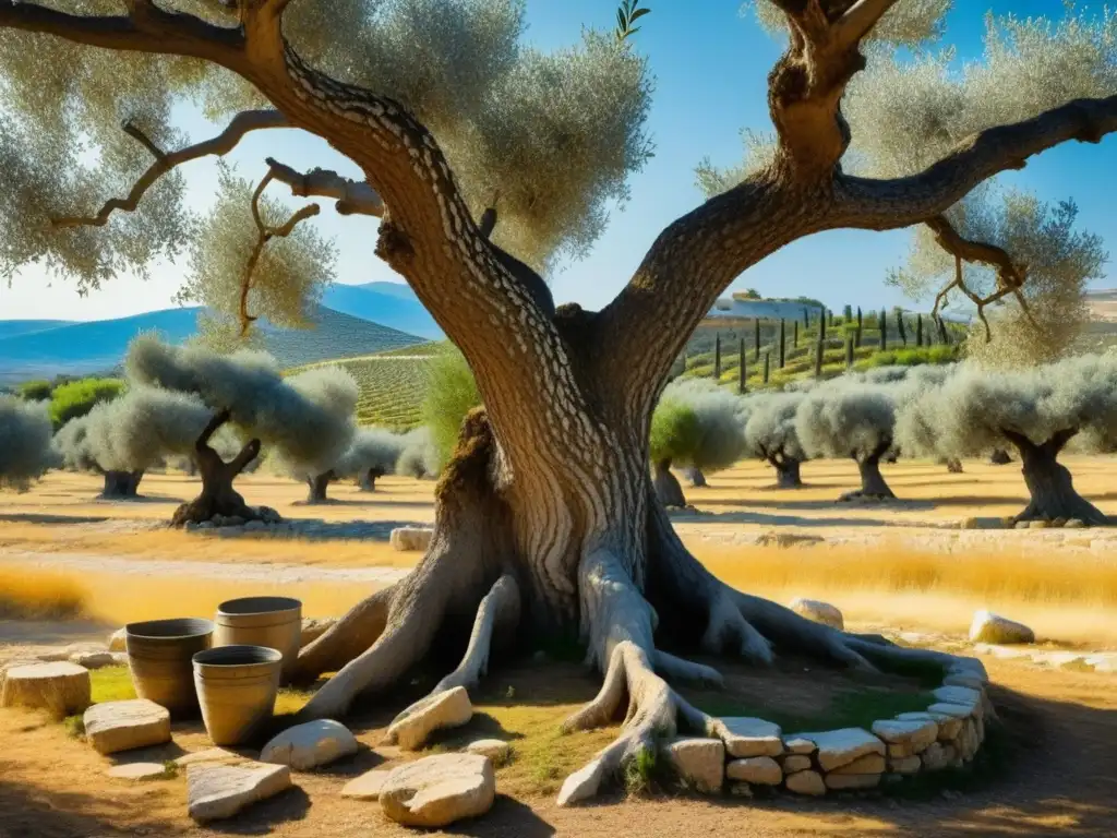 Un antiguo olivar griego con prensa de aceite de oliva, paisaje sostenible en la Antigua Grecia