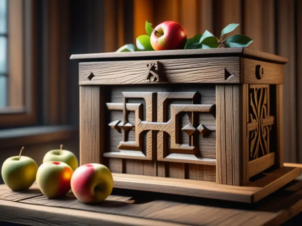 Antiguo prensador de sidra nórdico con detalles de mitología y runas Un antiguo prensador de sidra escandinava con grabados de la mitología nórdica y runas, rodeado de manzanas y luz solar