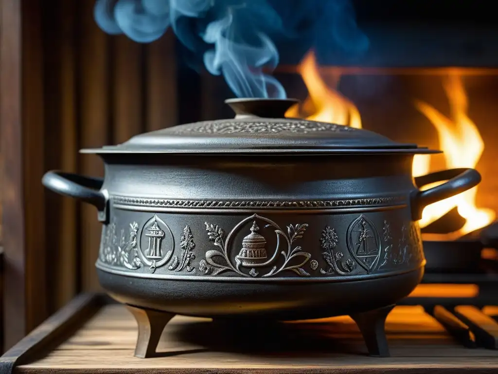 Antiguo puchero de hierro en cocina monástica, con símbolos religiosos tallados y vapor de guiso aromático