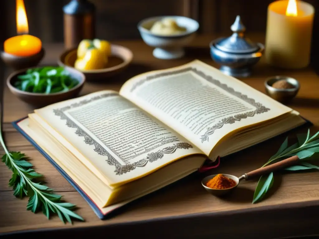 Antigua receta medieval: sabiduría culinaria en detalle Un antiguo recetario medieval en una mesa de madera con ilustraciones detalladas y letra caligráfica, evocando la sabiduría culinaria de monasterios