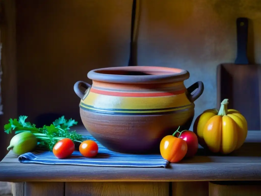 Antiguo recipiente de barro con alimentos encurtidos, en cocina rústica con utensilios antiguos