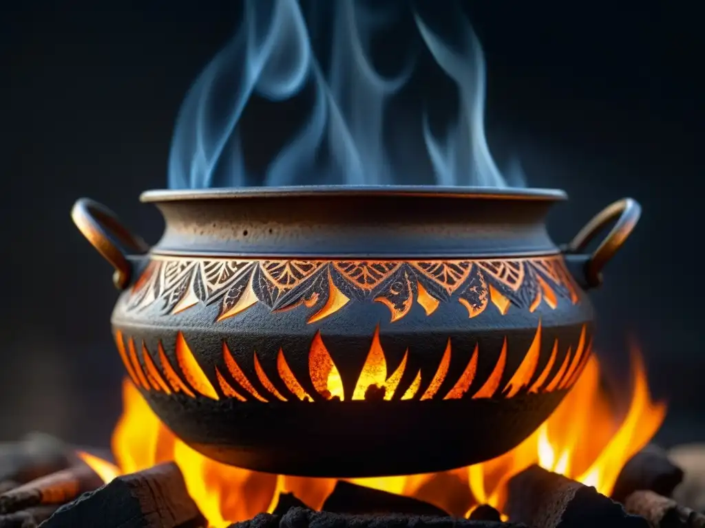 Un antiguo ritual de cocina sobre fuego vivo en una olla de hierro, con restos de carbón y llamas danzantes